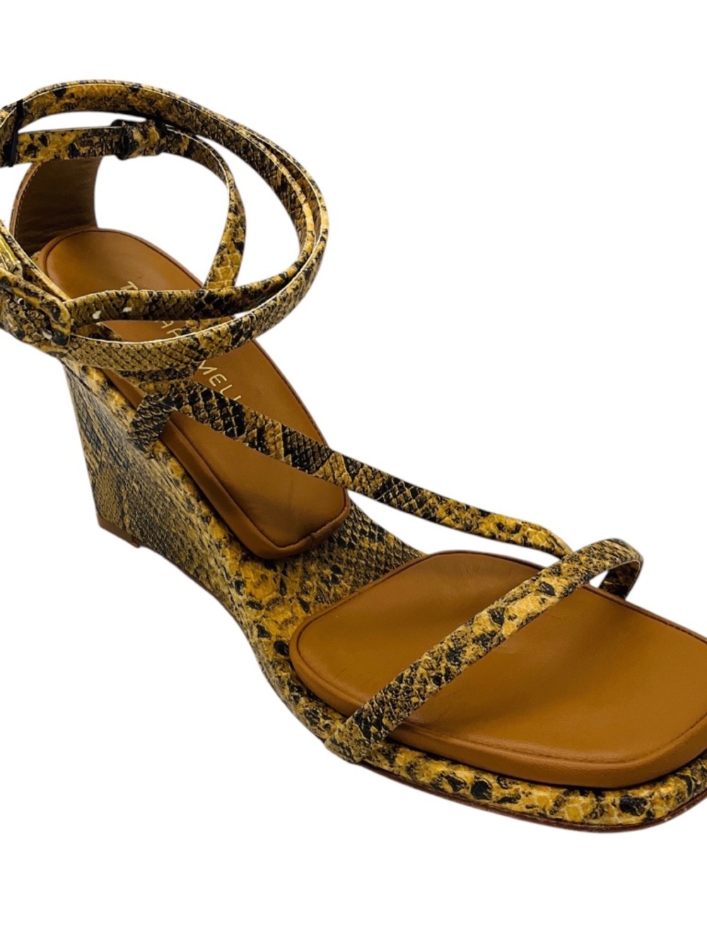 TAMARA MELLON TAN MULTI SNAKE PRINT ANKLE WRAP WEDGE SANDALS